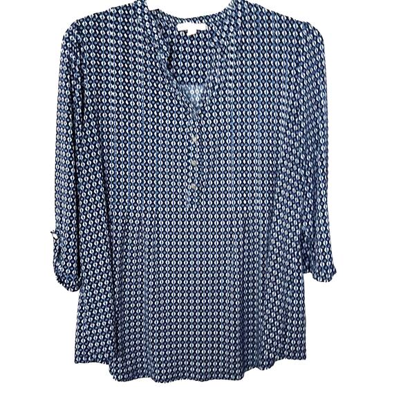 EST. 1962 3/4 ROLL TAB SLEEVE V-NECK BLOUSE, WOMEN-1X-BRIGHT & NAVY BLUE & WHITE - Picture 1 of 11